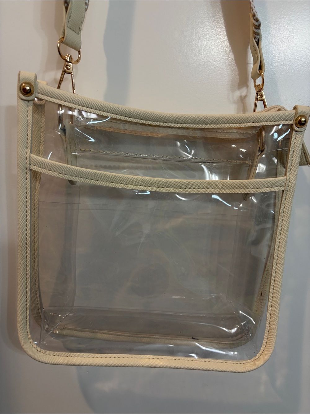Clear Crossbody Bag with Cream Trim and Adjustable Strap gold accents